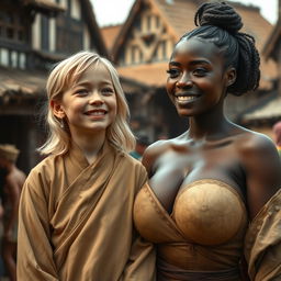 In a medieval village bustling with life, a small and delicate young blonde woman, looking very petite and fragile, is overwhelmed with joy, tears streaming down her cheeks