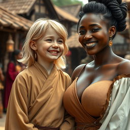 In a medieval village bustling with life, a small and delicate young blonde woman, looking very petite and fragile, is overwhelmed with joy, tears streaming down her cheeks