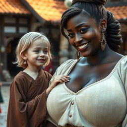 In a vibrant medieval village, a small and fragile young blonde woman, appearing very petite and undernourished, is crying tears of extreme happiness