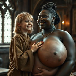 In a medieval room, a petite young blonde woman, looking malnourished, is crying tears of joy