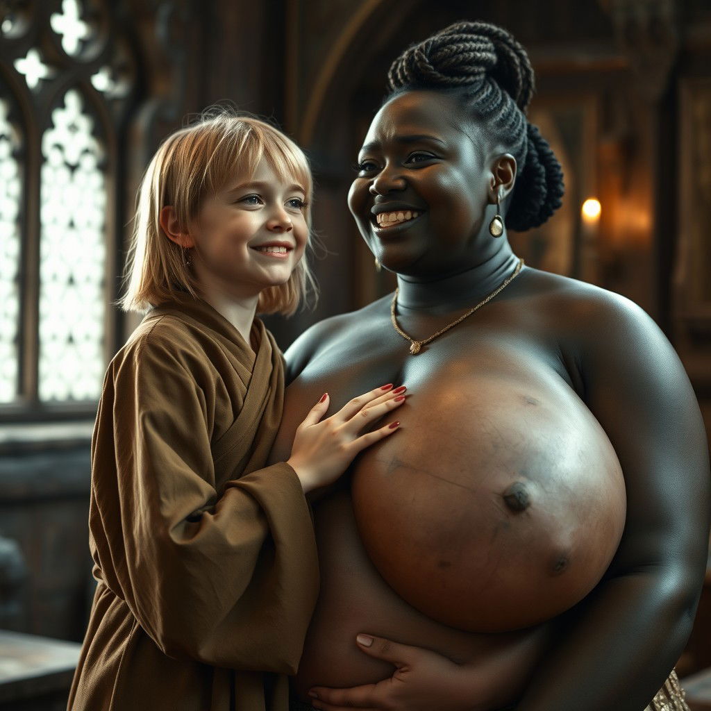 In a medieval room, a petite young blonde woman, looking malnourished, is crying tears of joy