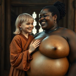 In a medieval room, a petite young blonde woman, looking malnourished, is crying tears of joy