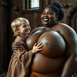 In a medieval room, a petite young blonde woman, looking malnourished, is crying tears of joy