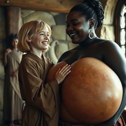 In a medieval room, a petite young blonde woman, looking malnourished, is crying tears of joy