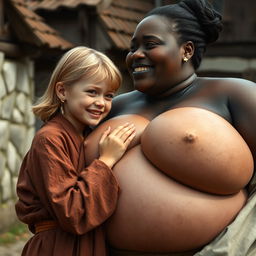 In a medieval village, a petite young blonde woman, looking malnourished, is crying tears of joy