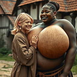 In a medieval village, a petite young blonde woman, looking malnourished, is crying tears of joy