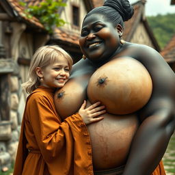 In a medieval village, a petite young blonde woman, looking malnourished, is crying tears of joy