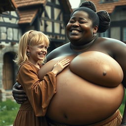 In a medieval village, a petite young blonde woman, looking malnourished, is crying tears of joy