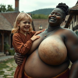 In a medieval village, a petite young blonde woman, appearing malnourished, is crying tears of joy