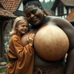 In a medieval village, a petite young blonde woman, appearing malnourished, is crying tears of joy