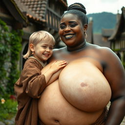 In a medieval village, a petite young blonde woman, appearing malnourished, is crying tears of joy