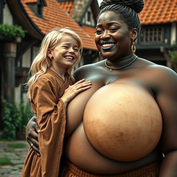 In a medieval village, a petite young blonde woman, appearing malnourished, is crying tears of joy