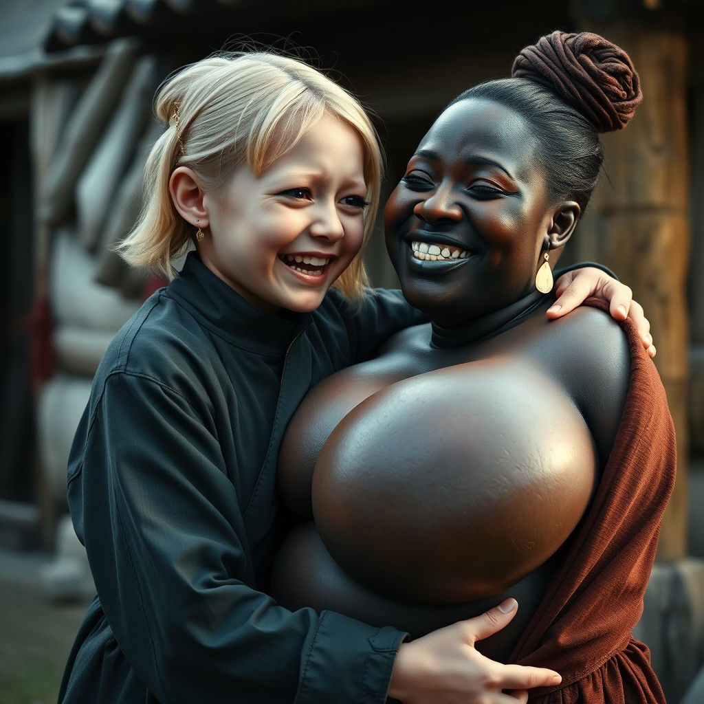 In a medieval village, a young petite blonde woman, with a malnourished body, crying tears of joy