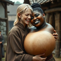 In a medieval village, a young petite blonde woman, with a malnourished body, crying tears of joy