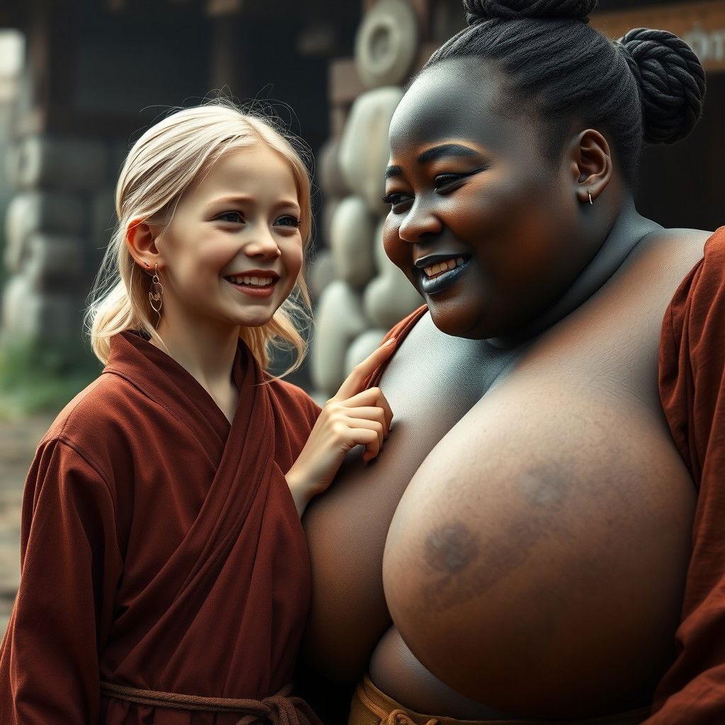 In a medieval village, a young petite blonde woman, with a malnourished body, tears of joy streaming down her face