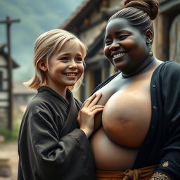 In a medieval village, a young petite blonde woman, with a malnourished body, tears of joy streaming down her face