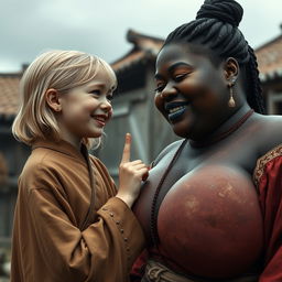 In a medieval village, a young petite blonde woman, with a malnourished body, tears of joy streaming down her face