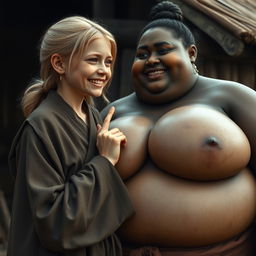 In a medieval village, a young petite blonde woman, with a malnourished body, tears of joy streaming down her face