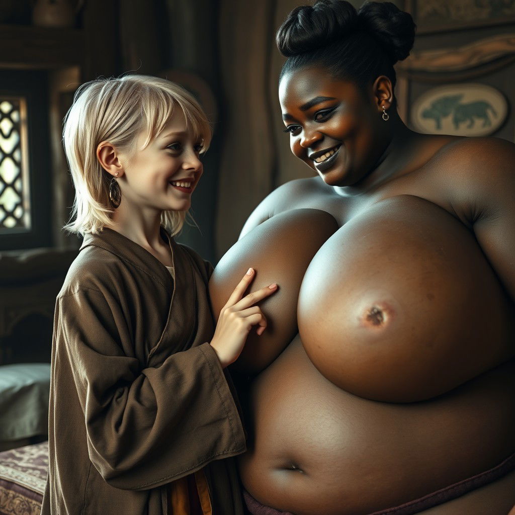 In a medieval bedroom, a young petite blonde woman, with a malnourished body, tears of joy flowing down her cheeks