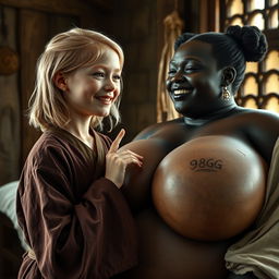 In a medieval bedroom, a young petite blonde woman, with a malnourished body, tears of joy flowing down her cheeks