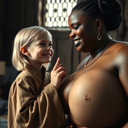 In a medieval bedroom, a young petite blonde woman, with a malnourished body, tears of joy flowing down her cheeks