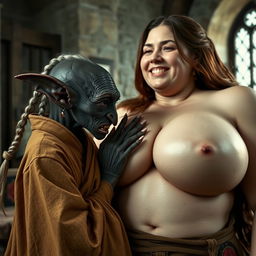 In a medieval castle bedroom, a small, elderly black female goblin with very dark, tiny, malnourished features is depicted