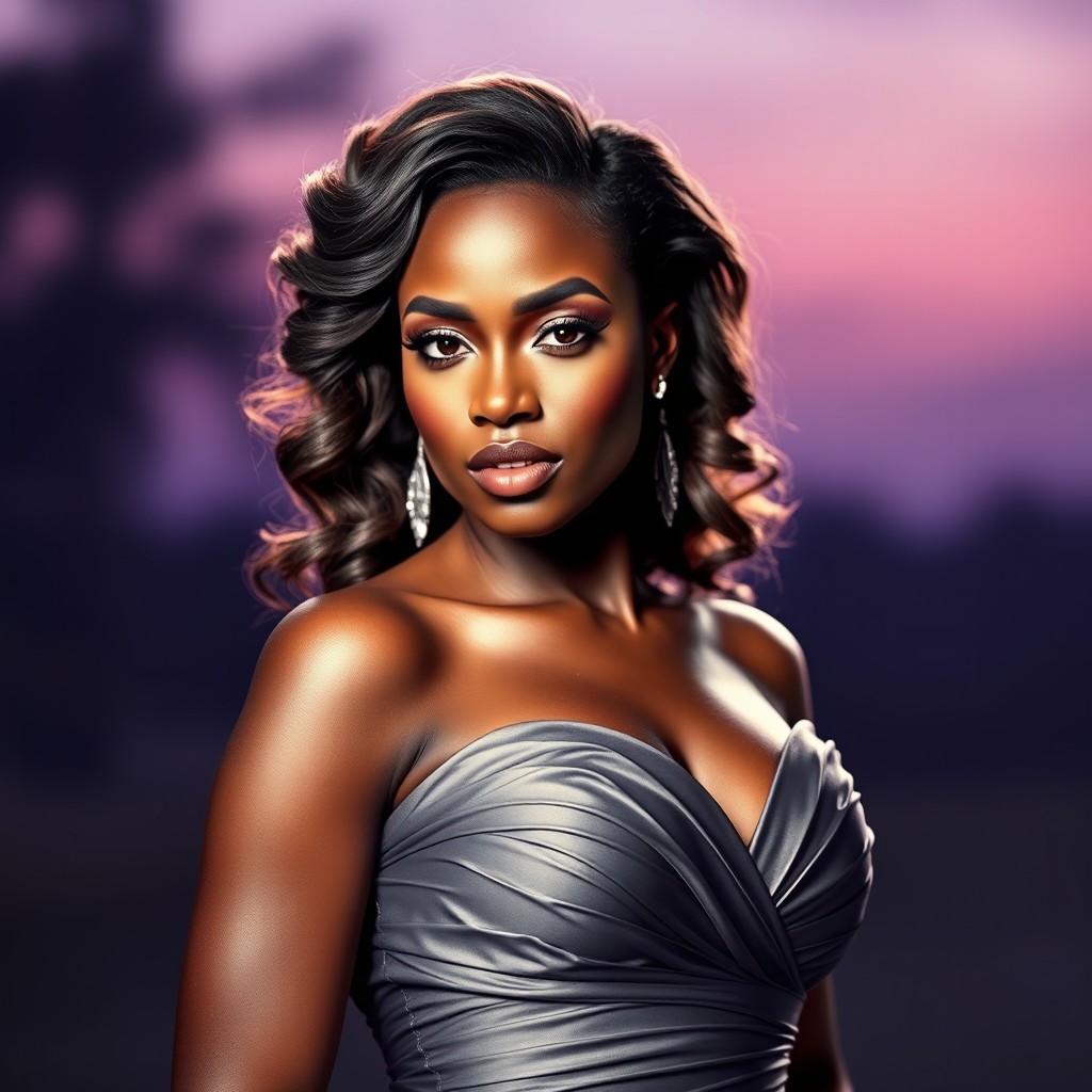 A stunning dark-skinned woman with radiant, glowing skin, wearing an elegant, flowing gown that accentuates her curves