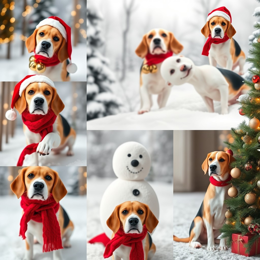 A series of 5-10 individual images featuring a Beagle dog that maintains its natural appearance and unique characteristics