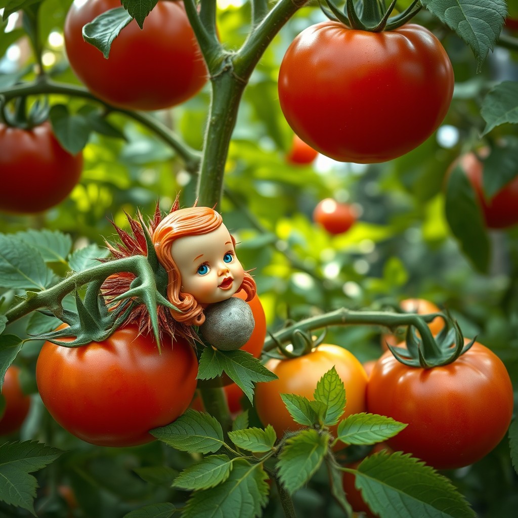 A surreal litchi tomato plant featuring enormous handball-sized tomatoes covered in sharp spikes