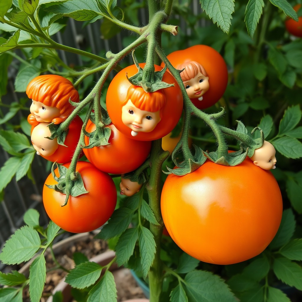 A whimsical litchi tomato plant adorned with oversized handball-sized tomatoes, each featuring a colorful plastic baby-doll head attached to its stem, with small stones placed in the mouths of the heads