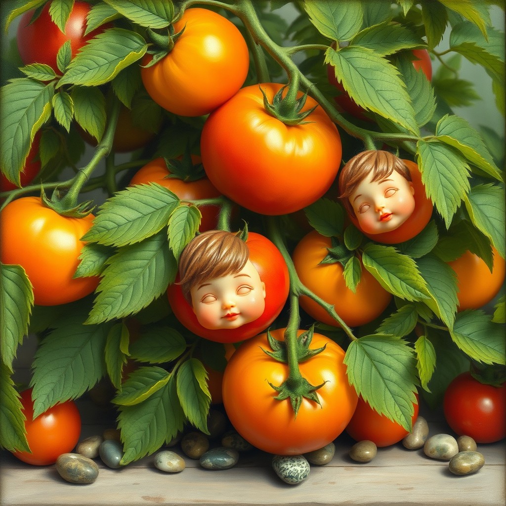 A whimsical litchi tomato plant adorned with oversized, handball-sized tomatoes, each uniquely featuring a colorful plastic baby-doll head attached, with small stones placed in the mouths of the heads