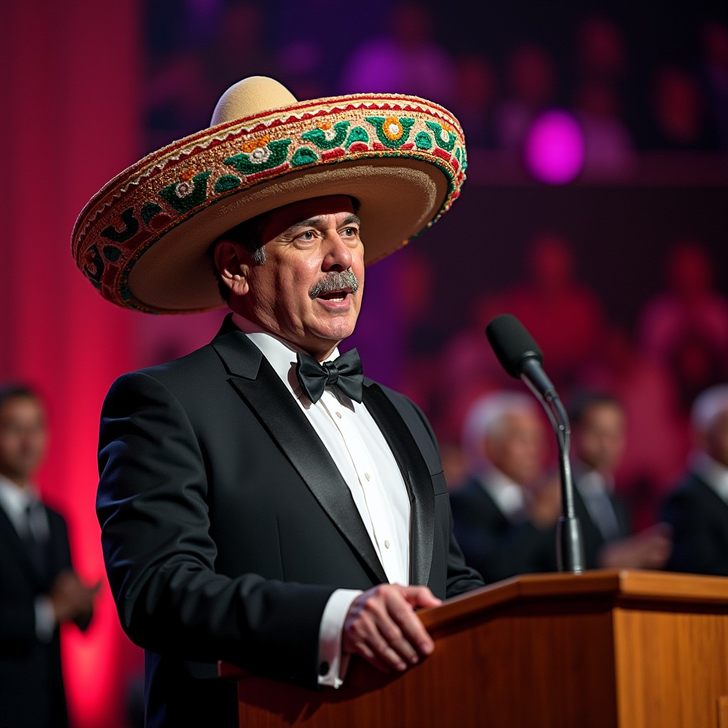 A color photograph of a man standing at a podium, wearing a traditional Mexican sombrero, with a focused expression