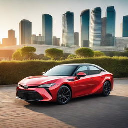 A gleaming, top-of-the-range Toyota car, in mid-day light. The car is parked with an urban cityscape in the background.