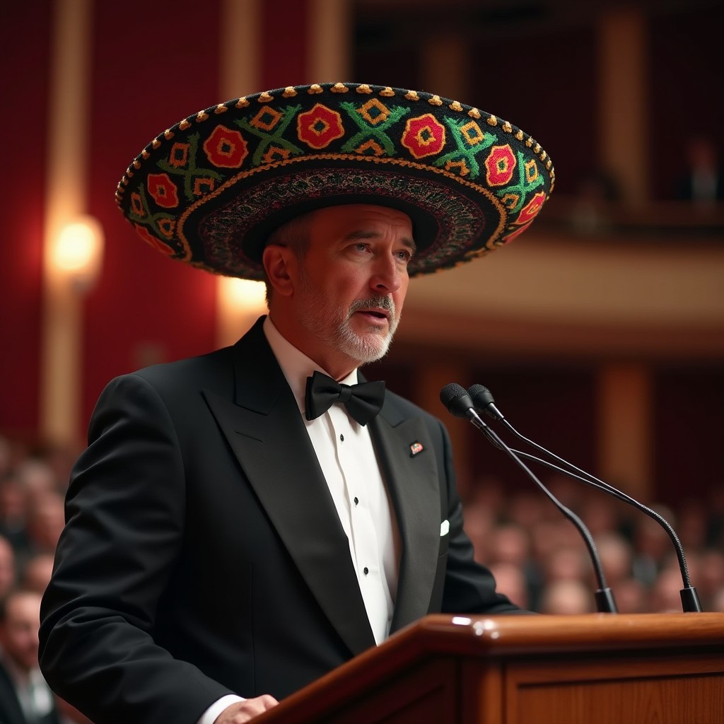 A colorized image of a man standing at a podium, wearing a traditional Mexican sombrero with vibrant patterns