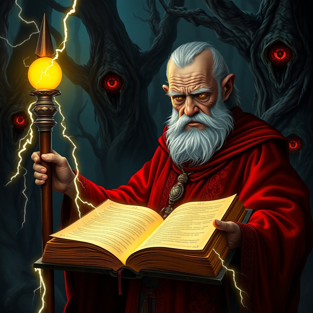 An elderly red mage with radiant golden eyes, dressed in ornate red robes, stands in a dark, foreboding forest