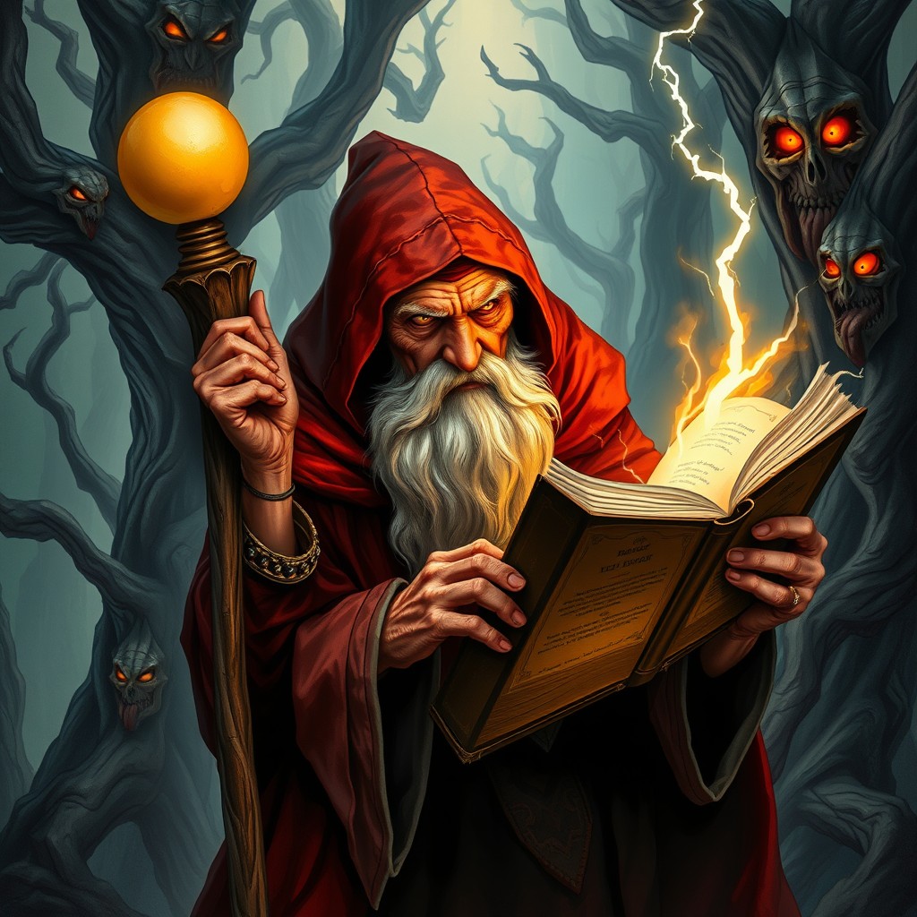 An elderly red mage with a long hood covering his head and a long gray beard, featuring captivating golden eyes, leans heavily on a long staff tipped with a bright yellow orb for support