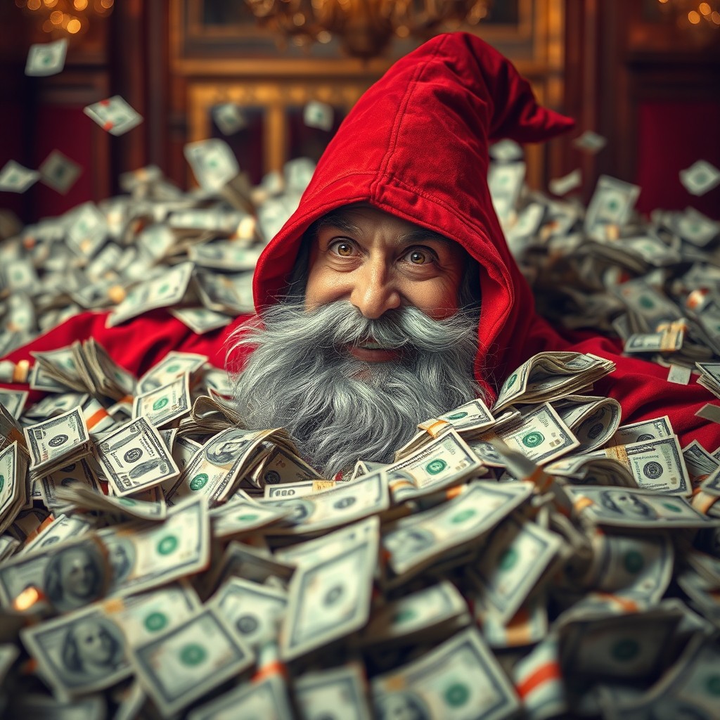A red wizard wearing a long hood, featuring striking golden eyes and a long, flowing grey beard, is joyfully swimming in huge piles of cash and $100 bills
