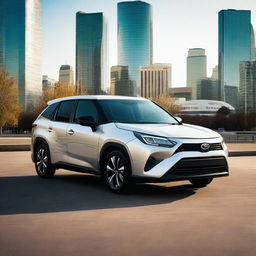 A gleaming, top-of-the-range Toyota car, in mid-day light. The car is parked with an urban cityscape in the background.