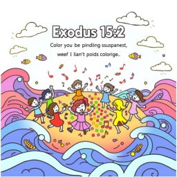 A fun and engaging coloring page for kids inspired by Exodus 15:2, featuring a joyful scene of children dancing and singing around a colorful flurry of musical notes
