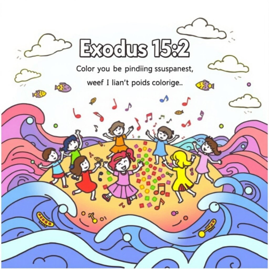 A fun and engaging coloring page for kids inspired by Exodus 15:2, featuring a joyful scene of children dancing and singing around a colorful flurry of musical notes