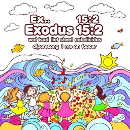 A fun and engaging coloring page for kids inspired by Exodus 15:2, featuring a joyful scene of children dancing and singing around a colorful flurry of musical notes