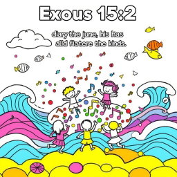 A fun and engaging coloring page for kids inspired by Exodus 15:2, featuring a joyful scene of children dancing and singing around a colorful flurry of musical notes