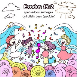 A fun and engaging coloring page for kids inspired by Exodus 15:2, featuring a joyful scene of children dancing and singing around a colorful flurry of musical notes
