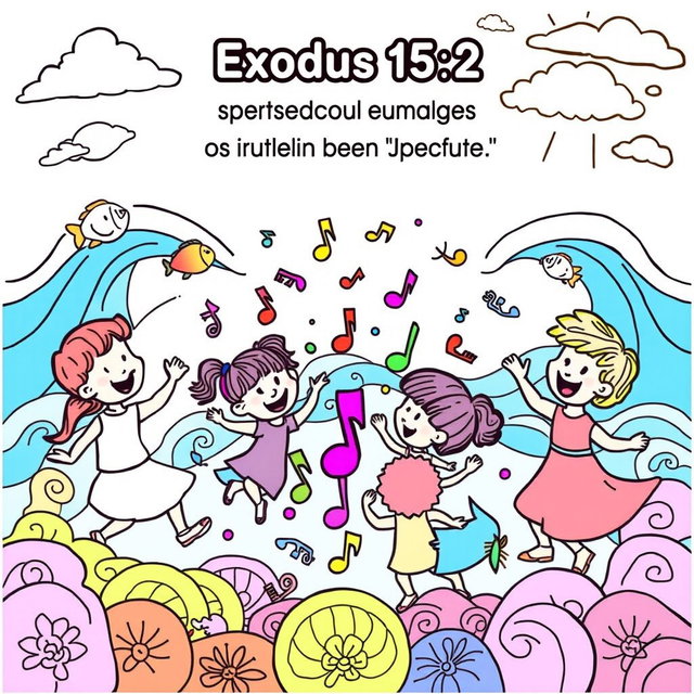 A fun and engaging coloring page for kids inspired by Exodus 15:2, featuring a joyful scene of children dancing and singing around a colorful flurry of musical notes