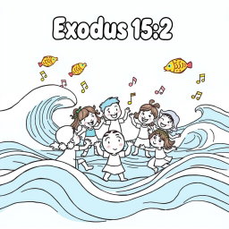 A delightful and engaging coloring page for kids based on Exodus 15:2, featuring a joyful illustration of children dancing and singing in a circle, surrounded by bright musical notes and cheerful expressions