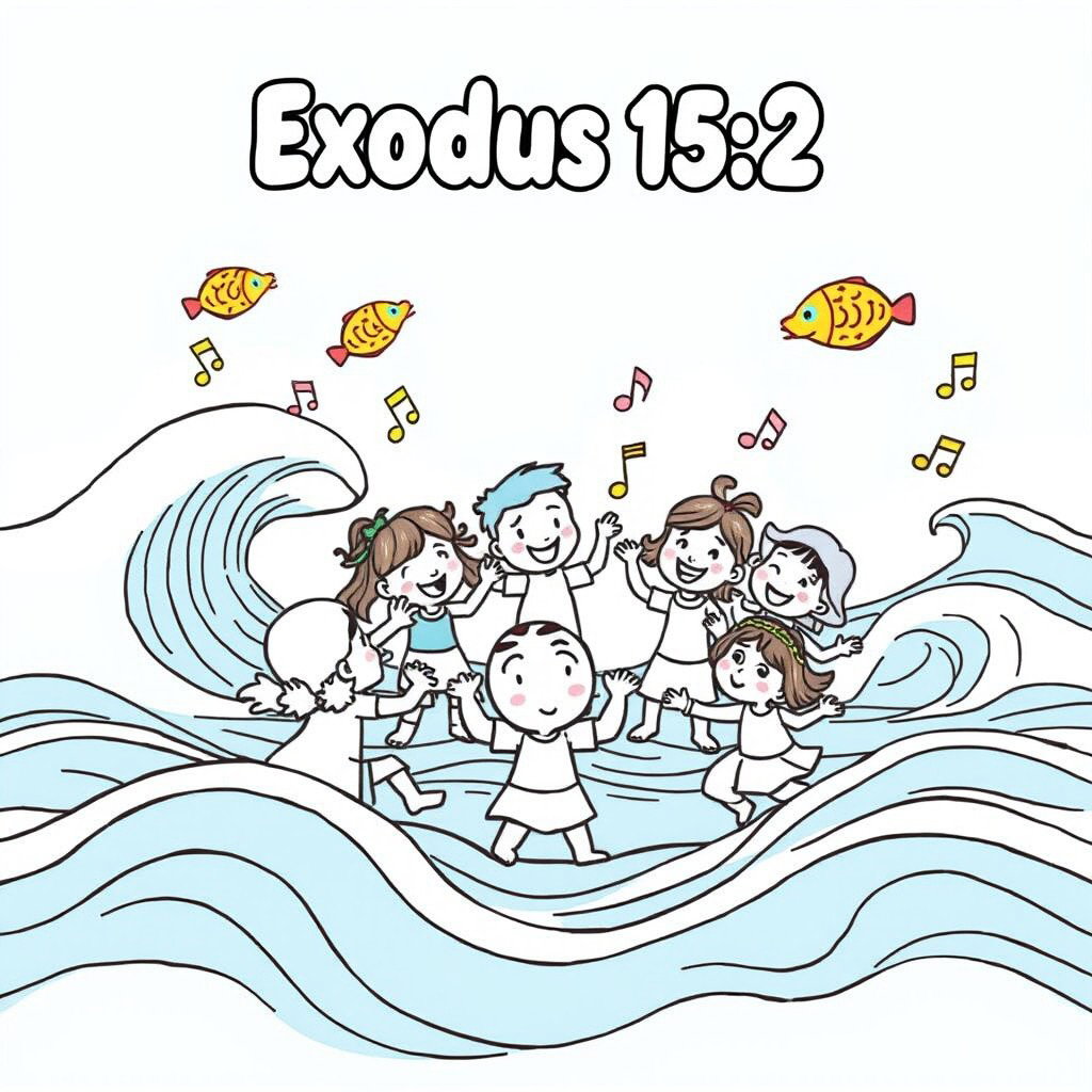 A delightful and engaging coloring page for kids based on Exodus 15:2, featuring a joyful illustration of children dancing and singing in a circle, surrounded by bright musical notes and cheerful expressions