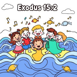 A delightful and engaging coloring page for kids based on Exodus 15:2, featuring a joyful illustration of children dancing and singing in a circle, surrounded by bright musical notes and cheerful expressions