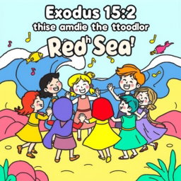 A delightful and engaging coloring page for kids based on Exodus 15:2, featuring a joyful illustration of children dancing and singing in a circle, surrounded by bright musical notes and cheerful expressions