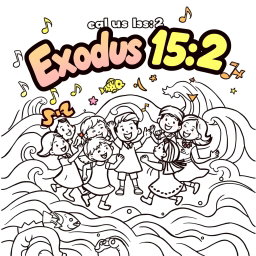 A delightful and engaging coloring page for kids based on Exodus 15:2, featuring a joyful illustration of children dancing and singing in a circle, surrounded by bright musical notes and cheerful expressions