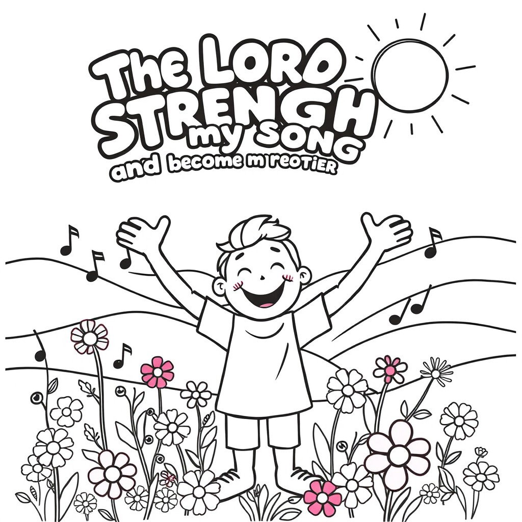 An engaging and delightful coloring page for kids based on the message "The Lord is my strength and my song
